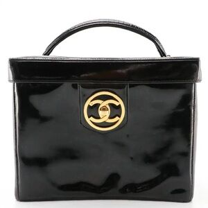 Auth Rare CHANEL Black Patent Vanity Bag Case Gold CC vintage collectible